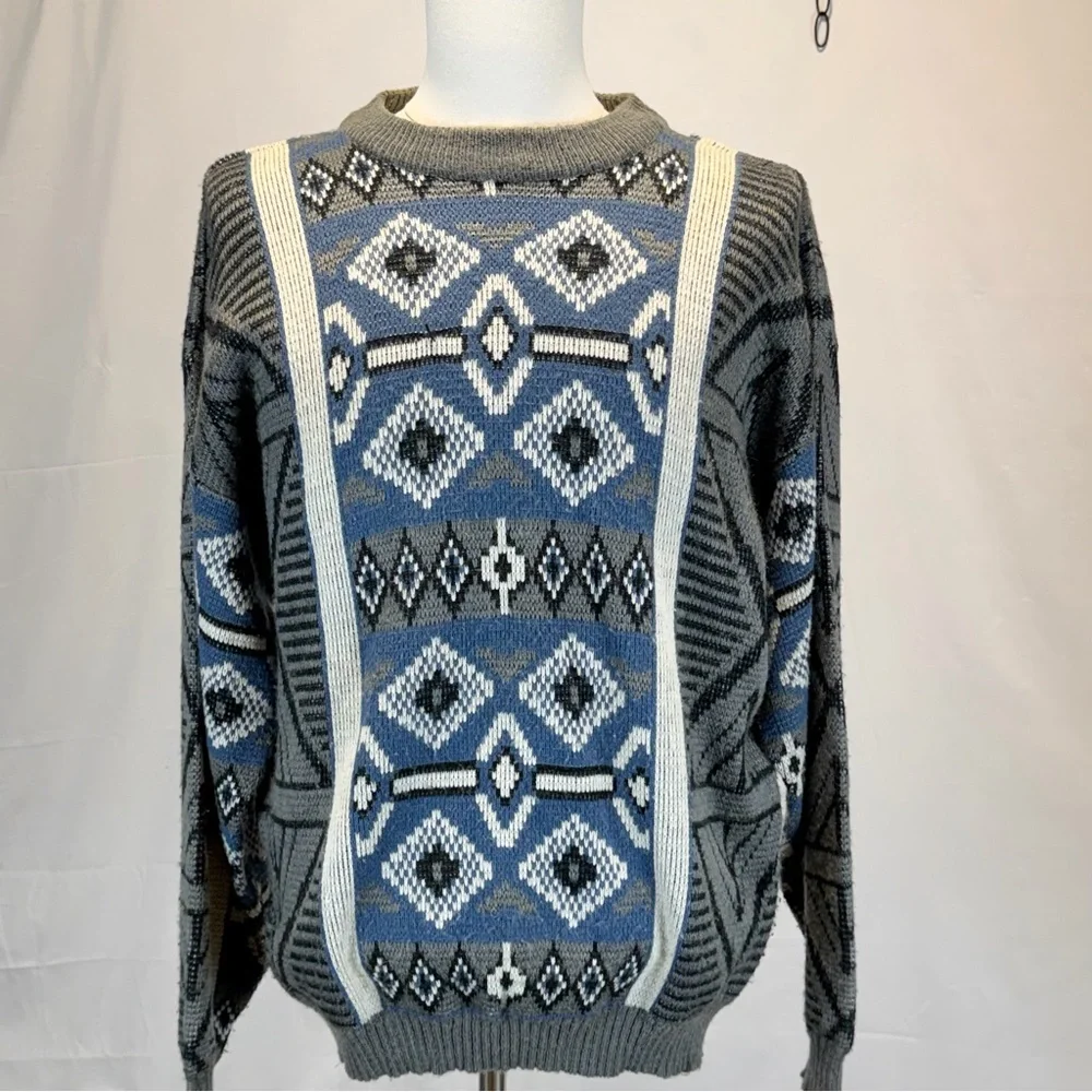 VINTAGE 80s‎ funky quirky geometric knit sweater mens navy blue Diamond argyle
